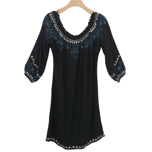 Lucky Brand Dresses & Skirts - Lucky Brand Shift Dress Womens Small Black Embroidery Bohemian Boho 3/4 Sleeve